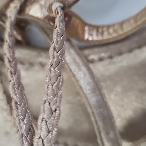 Reba Gold Leather Fringe Flat Thong Sandals w Braided Wrap-around Ankle Strap - Picture 4 of 6